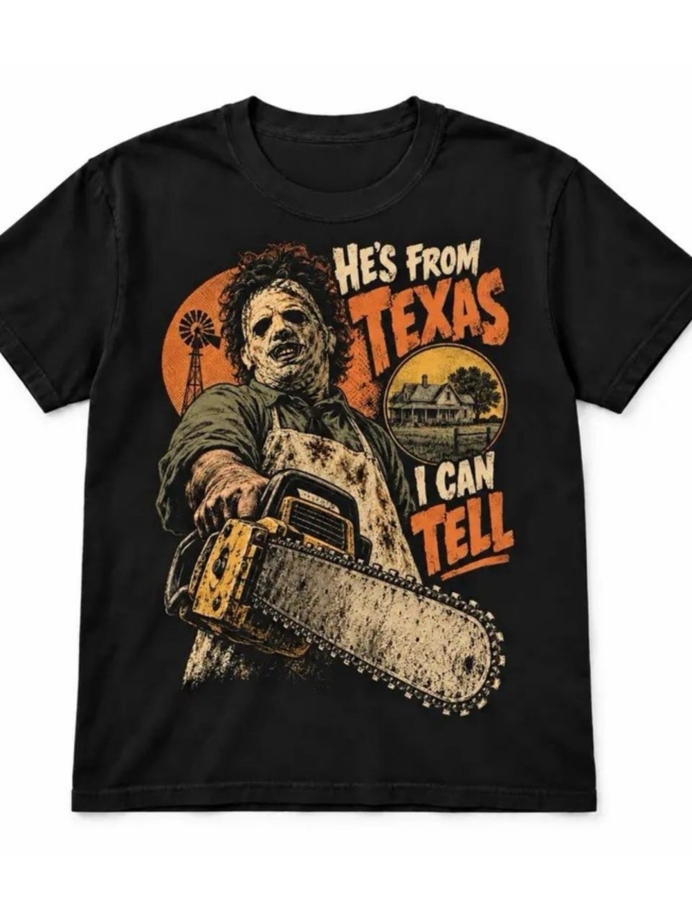 Black Short Sleeve Tee with Orange and Cream Horror Graphic